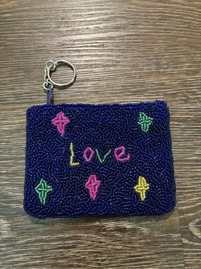 Beaded Navy 'Love' Key & Card Pouch with Multicolor Accents